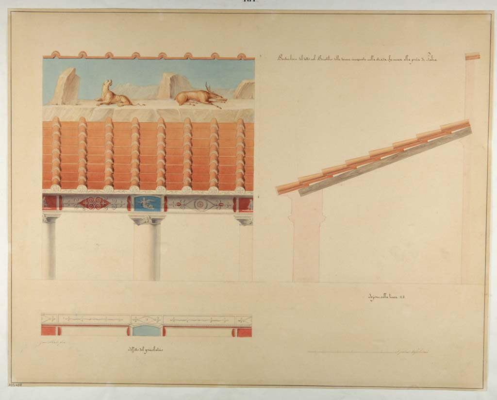 VII.1.8 Pompeii. Drawing and watercolour by Giuseppe Abbate of “particulars of roof in the peristyle”. 
This showed the precious testimony of the type of decoration above the pitched sloping roof that sheltered the east portico of the palaestra B.
This was "almost completely lost" in 1854, and today has totally disappeared. Seen, at the top was a painted hunt scene. 
Now in Naples Archaeological Museum. Inventory number ADS 458.
Photo © ICCD. http://www.catalogo.beniculturali.it
Utilizzabili alle condizioni della licenza Attribuzione - Non commerciale - Condividi allo stesso modo 2.5 Italia (CC BY-NC-SA 2.5 IT)