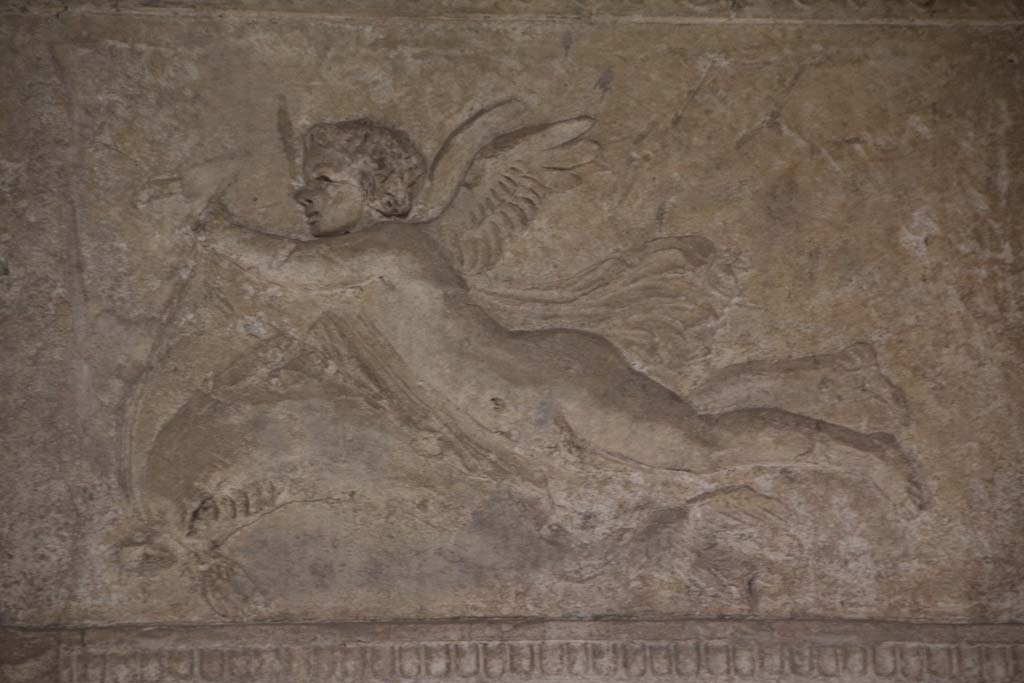 VII.1.8 Pompeii. April 2014. Detail of stuccoed cupid with dolphin from south end of east wall of men’s changing room 2. 
Photo courtesy of Klaus Heese.