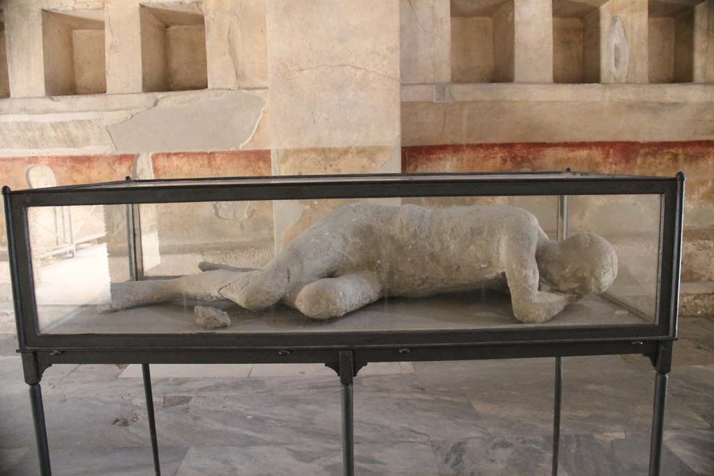 VII.1.8 Pompeii. March 2014. 
Plaster cast of body, on display in men’s changing room 2. Found 25th September 1873 in garden area of I.5.3.
Foto Annette Haug, ERC Grant 681269 DÉCOR