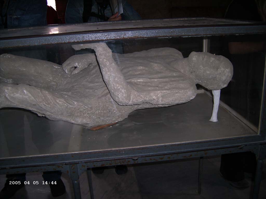 VII.1.8 Pompeii. April 2005. Plaster cast of body, on display in men’s changing room 2. 
Photo courtesy of Klaus Heese.