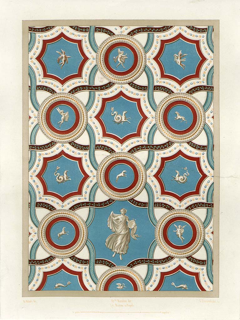 VII.1.8 Pompeii. Vestibule 1. 1854 painting by G. Abbate reconstructing the entrance hall ceiling colours. 
See Niccolini F, 1854. Le case ed i monumenti di Pompei: Volume Primo. Napoli, Tav. IV.