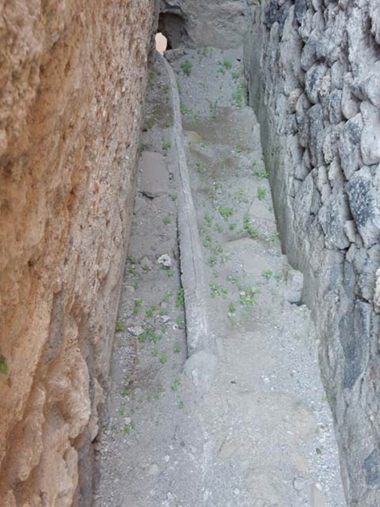 VII.1.17 Pompeii. May 2017. Lead pipe behind low wall of room 21 of VII.1.47, probably part of VI.1.17.
This may join with a similar pipe seen on the floor of the corridor from the Stabian Baths entrance at VII.1.17.
The World of Pompeii CD plan of Pompeii shows this L shaped area as blocked off at the ends and not connected to either VII.1.47 or VII.18/17.
The PPM plan shows the L shaped area as connected to VII.1.17 and room 20 of VII.1.47.
Photo courtesy of Buzz Ferebee.