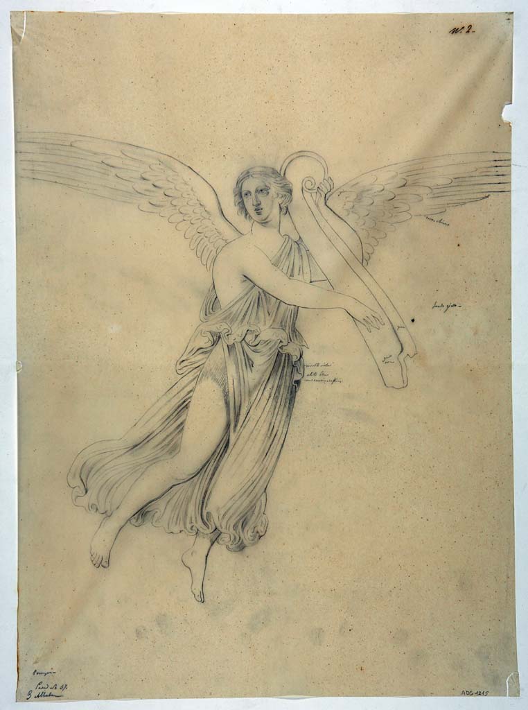 VI.1.25 Pompeii. Drawing by Giuseppe Abbate, of Nike with rudder on shoulder provenanced from south wall of peristyle 31.
No trace of painting remains. 
See Helbig, W., 1868. Wandgemälde der vom Vesuv verschütteten Städte Campaniens. Leipzig: Breitkopf und Härtel, (914).
Now in Naples Archaeological Museum. Inventory number ADS 1215.
Photo © ICCD. http://www.catalogo.beniculturali.it
Utilizzabili alle condizioni della licenza Attribuzione - Non commerciale - Condividi allo stesso modo 2.5 Italia (CC BY-NC-SA 2.5 IT)