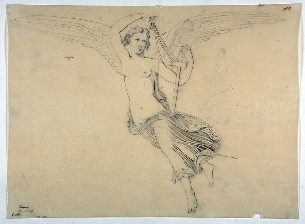 VI.1.25 Pompeii. 
Preliminary drawing by Giuseppe Abbate, of Vittoria with sword, provenanced from south wall of peristyle 31.
Now in Naples Archaeological Museum. Inventory number ADS 1216.
Photo © ICCD. http://www.catalogo.beniculturali.it
Utilizzabili alle condizioni della licenza Attribuzione - Non commerciale - Condividi allo stesso modo 2.5 Italia (CC BY-NC-SA 2.5 IT)
See Helbig, W., 1868. Wandgemälde der vom Vesuv verschütteten Städte Campaniens. Leipzig: Breitkopf und Härtel, (911).