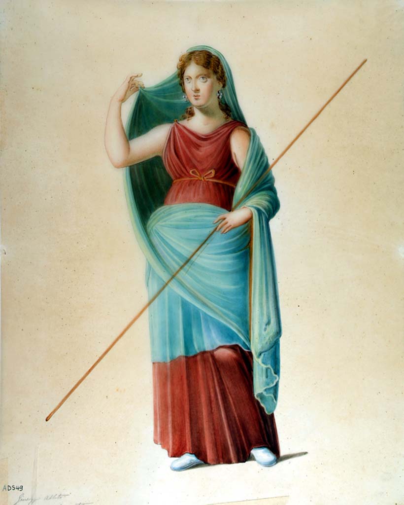 VI.1.25 Pompeii. Painting by Giuseppe Abbate, of the cloaked female figure of the Bacchante Leto, from the south wall of peristyle 31. 
Now in Naples Archaeological Museum. Inventory number ADS 49.
Photo © ICCD. http://www.catalogo.beniculturali.it
Utilizzabili alle condizioni della licenza Attribuzione - Non commerciale - Condividi allo stesso modo 2.5 Italia (CC BY-NC-SA 2.5 IT)
See Helbig, W., 1868. Wandgemälde der vom Vesuv verschütteten Städte Campaniens. Leipzig: Breitkopf und Härtel, (170).