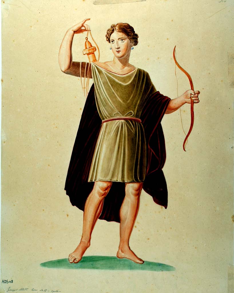 VI.1.25 Pompeii. Painting by Giuseppe Abbate, of Artemis with bow and arrow, from south wall of peristyle 31. 
Now in Naples Archaeological Museum. Inventory number ADS 48.
Photo © ICCD. http://www.catalogo.beniculturali.it
Utilizzabili alle condizioni della licenza Attribuzione - Non commerciale - Condividi allo stesso modo 2.5 Italia (CC BY-NC-SA 2.5 IT)