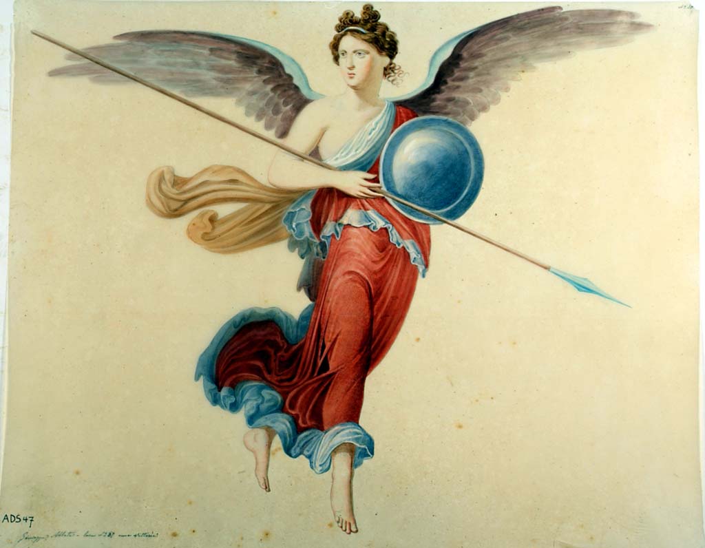 VII.1.25 Pompeii. Painting by Giuseppe Abbate, Vittoria in flight with shield in left hand and lance in the right, from east wall of peristyle 31. This painting is now destroyed. 
Now in Naples Archaeological Museum. Inventory number ADS 47.
Photo © ICCD. http://www.catalogo.beniculturali.it
Utilizzabili alle condizioni della licenza Attribuzione - Non commerciale - Condividi allo stesso modo 2.5 Italia (CC BY-NC-SA 2.5 IT)
See Helbig, W., 1868. Wandgemälde der vom Vesuv verschütteten Städte Campaniens. Leipzig: Breitkopf und Härtel, (907).