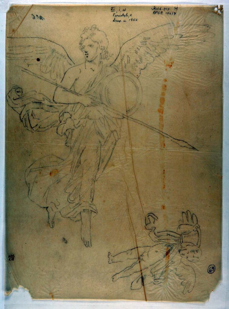 VII.1.25 Pompeii. Anonymous drawing of Vittoria in flight, from east wall of peristyle 31. 
Now in Naples Archaeological Museum. Inventory number ADS 518.
Photo © ICCD. http://www.catalogo.beniculturali.it
Utilizzabili alle condizioni della licenza Attribuzione - Non commerciale - Condividi allo stesso modo 2.5 Italia (CC BY-NC-SA 2.5 IT)
See Helbig, W., 1868. Wandgemälde der vom Vesuv verschütteten Städte Campaniens. Leipzig: Breitkopf und Härtel, (907).