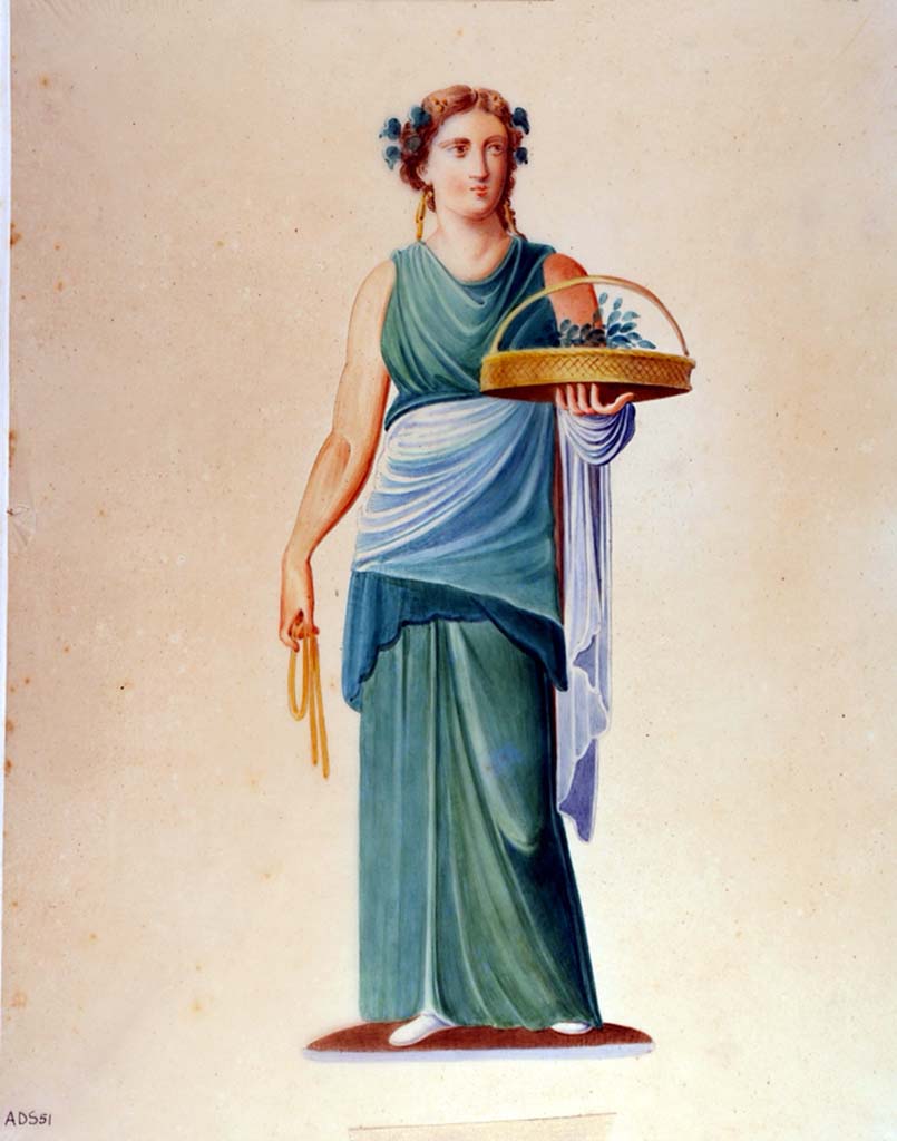 VII.1.25 Pompeii. Peristyle 31. Painting by Giuseppe Abbate, of woman with offering. 
According to PPM, no. 196, on page 331, this figure may have been part of the decoration on the east wall of peristyle 31.
According to Disegnatori, p.393, no. 209/210, this figure came from a room which was not identifiable.
Now in Naples Archaeological Museum. Inventory number ADS 51.
Photo © ICCD. http://www.catalogo.beniculturali.it
Utilizzabili alle condizioni della licenza Attribuzione - Non commerciale - Condividi allo stesso modo 2.5 Italia (CC BY-NC-SA 2.5 IT)
See Helbig, W., 1868. Wandgemälde der vom Vesuv verschütteten Städte Campaniens. Leipzig: Breitkopf und Härtel, (1803).