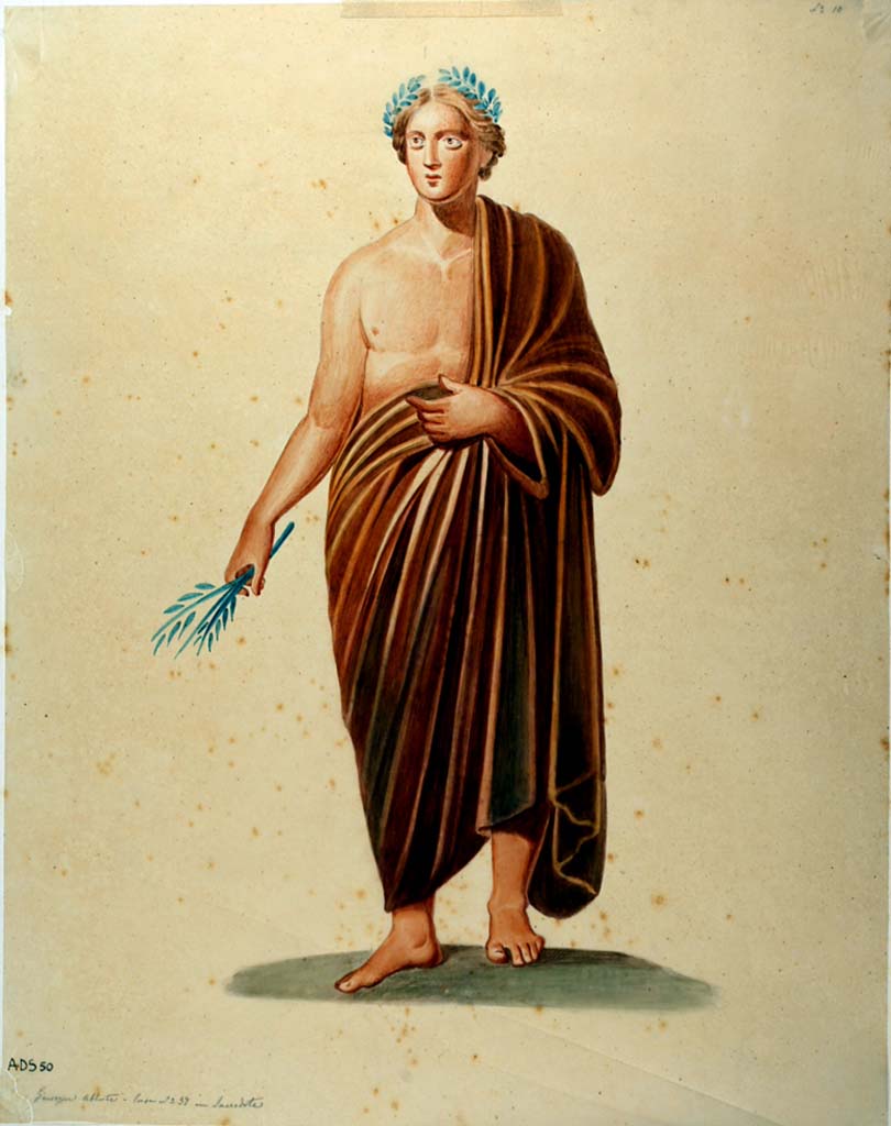 VII.1.25 Pompeii. Peristyle 31. Painting by Giuseppe Abbate, of masculine figure, perhaps a poet with branch in right hand.
This figure may have been seen on the west wall of the peristyle 31. 
Now in Naples Archaeological Museum. Inventory number ADS 50.
Photo © ICCD. http://www.catalogo.beniculturali.it
Utilizzabili alle condizioni della licenza Attribuzione - Non commerciale - Condividi allo stesso modo 2.5 Italia (CC BY-NC-SA 2.5 IT)