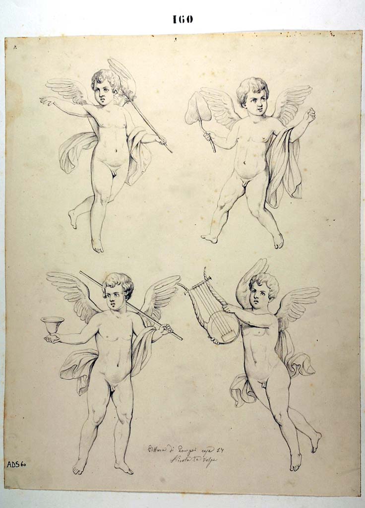 VII.1.25 Pompeii. Drawing of cupids by Nicola La Volpe. Cupids provenanced from a room no longer identifiable but put here as Fiorelli described the room as containing “many cupids”.
Note: these same drawings have also been included into cubiculum, room 28, as Niccolini said it also contained “flying cupids”.
Now in Naples Archaeological Museum. Inventory number ADS 60.
Photo © ICCD. http://www.catalogo.beniculturali.it
Utilizzabili alle condizioni della licenza Attribuzione - Non commerciale - Condividi allo stesso modo 2.5 Italia (CC BY-NC-SA 2.5 IT)
