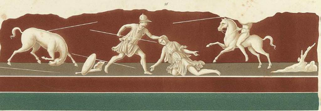 VII.1.25 Pompeii. Peristyle 31. Copy painting by Giuseppe Abbate, of a frieze (found in fragments) with amazons. 
This painting, described by Niccolini, as being the painting from the side of the door of the exedra 33, possibly Alcmaeon killing his mother Eriphyle, but see painting below. (Helbig 1250).
See Niccolini F, 1854. Le case ed i monumenti di Pompei: Volume Primo. Napoli. Strada Stabiana Casa No. 57, Tav. I.