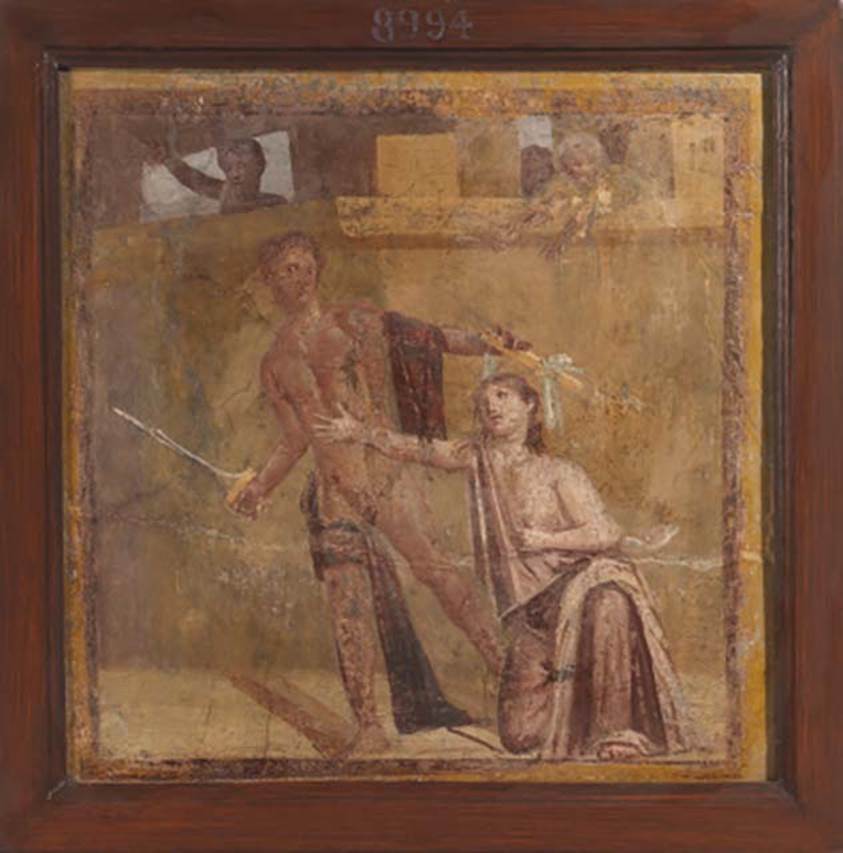 VII.1.25 Pompeii. Exedra 33. Painting of Alcmaeon killing his mother Eriphyle.
Now in Naples Archaeological Museum. Inventory number 8994.
See Carratelli, G. P., 1990-2003. Pompei: Pitture e Mosaici: Vol. VI.  Roma: Istituto della enciclopedia italiana, p. 341.