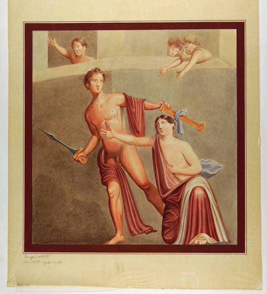 VII.1.25 Pompeii. Exedra 33, south wall. Copy painting by Giuseppe Abbate, described as Achilles on Skyros, but now thought to be Alcmaeon preparing to kill his mother Eriphyle. 
According to PPM, this painting was seen and found in Exedra 33.
See Carratelli, G. P., 1990-2003. Pompei: Pitture e Mosaici: Vol. VI. Roma: Istituto della enciclopedia italiana, p. 340-41.
Now in Naples Archaeological Museum. Inventory number ADS 503.
Photo © ICCD. http://www.catalogo.beniculturali.it
Utilizzabili alle condizioni della licenza Attribuzione - Non commerciale - Condividi allo stesso modo 2.5 Italia (CC BY-NC-SA 2.5 IT)