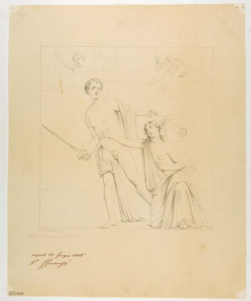 VII.1.25 Pompeii. Drawing by Nicola La Volpe, June 1855, of painting described as story of Achilles. 
According to Disegnatori, this painting was from room 34, not in room 33 as here. 
See Carratelli, G. P., 2003. Pompei: La documentazione nell'Opera di disegnatori e pittori dei secoli XVIII e XIX. Roma: Istituto della enciclopedia italiana, Disegnatori, no. 66, on p.627.
Now in Naples Archaeological Museum. Inventory number ADS 504.
Photo © ICCD. http://www.catalogo.beniculturali.it
Utilizzabili alle condizioni della licenza Attribuzione - Non commerciale - Condividi allo stesso modo 2.5 Italia (CC BY-NC-SA 2.5 IT)
