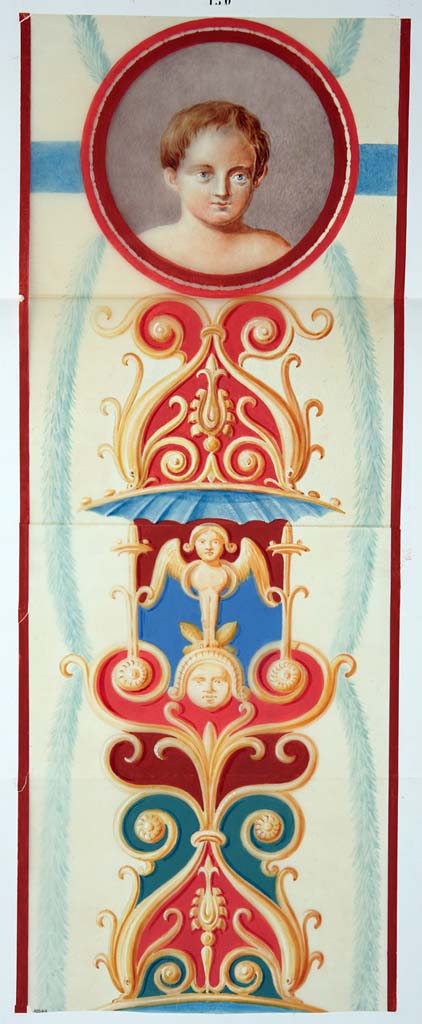 VII.1.25 Pompeii. Anonymous painting of decorative motifs from a fresco on the piers of exedra 33.
See Niccolini F, 1854. Le case ed i monumenti di Pompei: Volume Primo. Napoli, Strada Stabiana casa numero 57, Tav III.
Now in Naples Archaeological Museum. Inventory number ADS 612.
Photo © ICCD. https://www.catalogo.beniculturali.it
Utilizzabili alle condizioni della licenza Attribuzione - Non commerciale - Condividi allo stesso modo 2.5 Italia (CC BY-NC-SA 2.5 IT)
According to the ICCD Scheda for ADS 612, however, this is from VII.4.31–