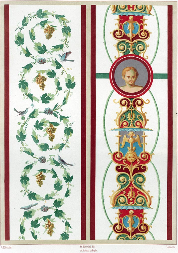 VII.1.25 Pompeii. 1854 drawing by Giuseppe Abbate of decorative motifs from a fresco on the piers of exedra 33.
Niccolini reports a hundred other “rabeschi” (a type of ornamentation that consists of geometric designs or repetitive stylized plants).
See Niccolini F, 1854. Le case ed i monumenti di Pompei: Volume Primo. Napoli. Strada Stabiana Casa No. 57, Tav III.
According to PPM-
I piedritti dell'esedra (33) erano ornati da un fregio vegetale con uccelli e da un candelabro a grottesche, nelle quali era inserito un medaglione con busto di ragazzo.
The piers of the exedra (33) were decorated with a vegetal frieze with birds and a grotesque candelabra, in which a medallion with the bust of a boy was inserted.
See Carratelli, G. P., 1990-2003. Pompei: Pitture e Mosaici: Vol. VI. Roma: Istituto della enciclopedia italiana, p. 338, n. 208.