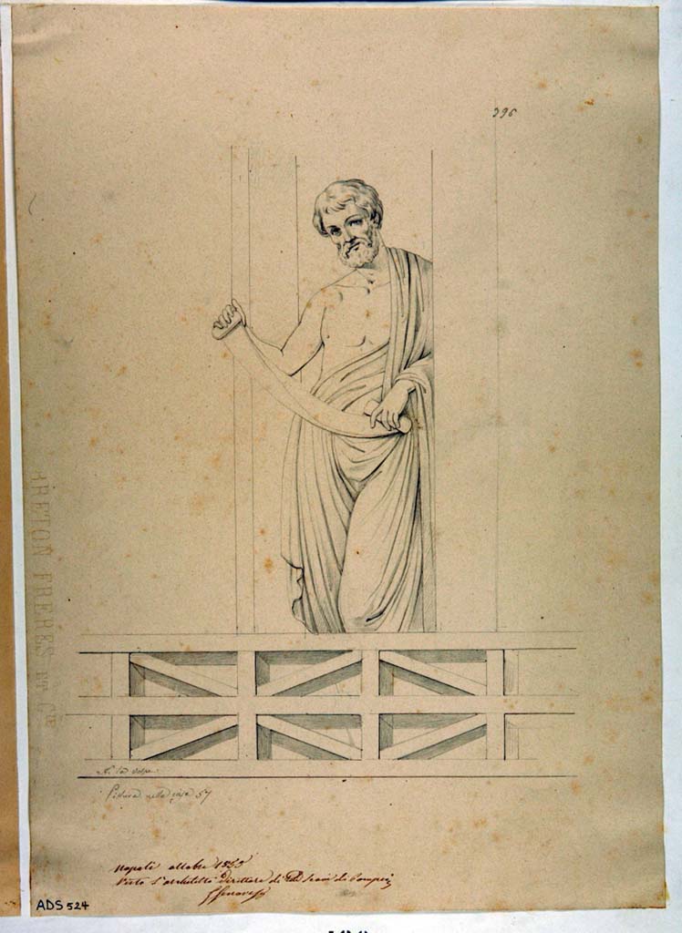 VII.1.25 Pompeii. Exedra 33.  Drawing by Nicola La Volpe, October 1855, bearded poet holding an open scroll, seen in the architectural design. 
This figure is no longer traceable on the walls.
Now in Naples Archaeological Museum. Inventory number ADS 524.
Photo © ICCD. http://www.catalogo.beniculturali.it
Utilizzabili alle condizioni della licenza Attribuzione - Non commerciale - Condividi allo stesso modo 2.5 Italia (CC BY-NC-SA 2.5 IT)