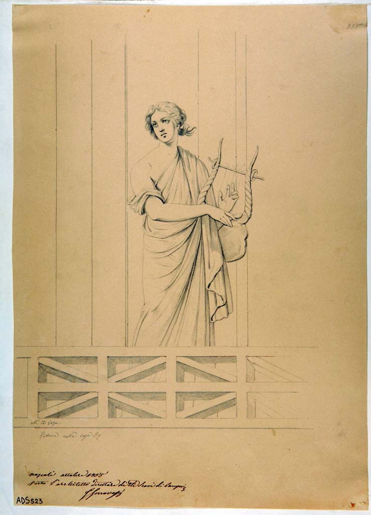 VII.1.25 Pompeii. Exedra 33. Drawing by Nicola La Volpe, October 1855, of lyre-player, seen in the architectural design. 
This figure is also no longer identifiable on the walls.
Now in Naples Archaeological Museum. Inventory number ADS 523.
Photo © ICCD. http://www.catalogo.beniculturali.it
Utilizzabili alle condizioni della licenza Attribuzione - Non commerciale - Condividi allo stesso modo 2.5 Italia (CC BY-NC-SA 2.5 IT)