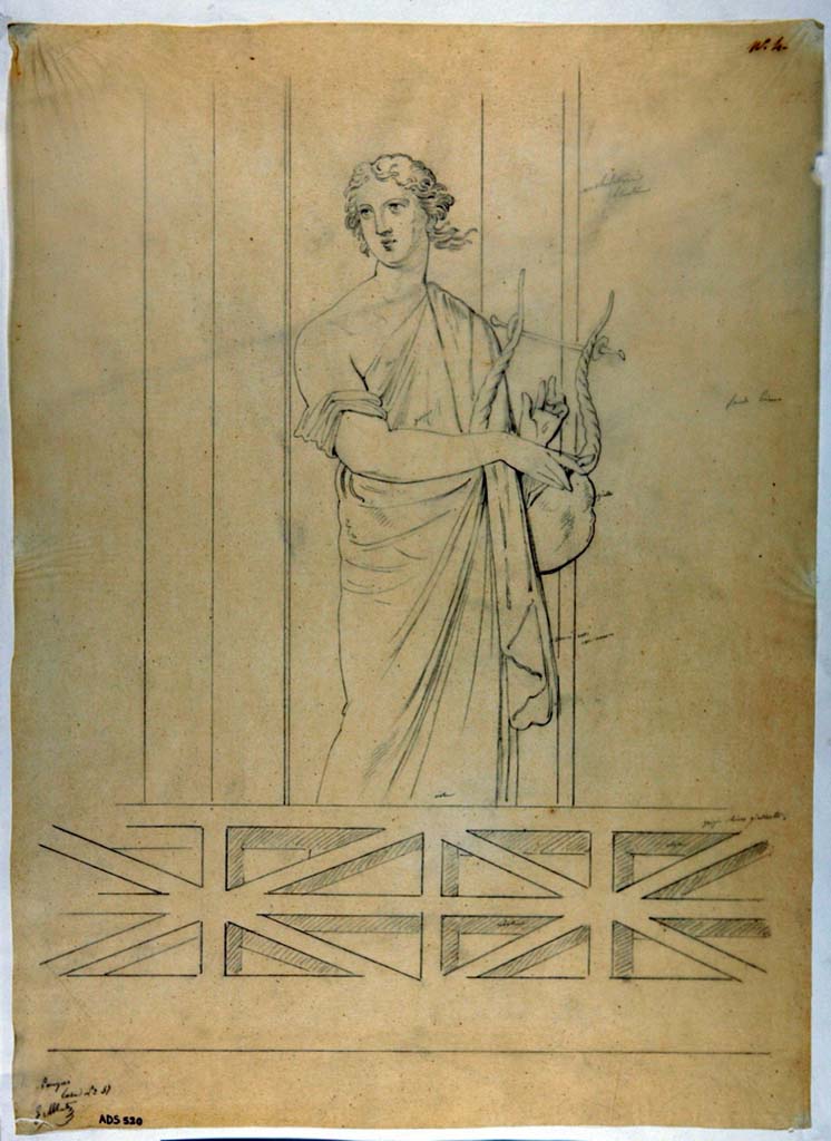 VII.1.47 Pompeii. Drawing by Giuseppe Abbate, of a female figure with lyre, perhaps from room 10?
This drawing, although backwards to the painting, may have been used as a basis for the coloured version.
Now in Naples Archaeological Museum. Inventory number ADS 520.
Photo © ICCD. http://www.catalogo.beniculturali.it
Utilizzabili alle condizioni della licenza Attribuzione - Non commerciale - Condividi allo stesso modo 2.5 Italia (CC BY-NC-SA 2.5 IT)