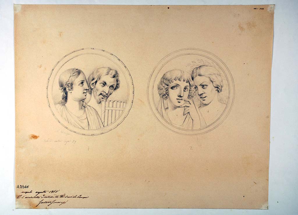VII.1.47 Pompeii. Drawing by Nicola La Volpe, 1855, of medallions with heads of couples.
On the left, a medallion with satyr and maenad with pan-pipes, and medallions with two feminine figures, on the right.
These may form part of the decoration from room 33 or may be from a room not identifiable.
See Carratelli, G. P., 1990-2003. Pompei: Pitture e Mosaici: Vol. VI. Roma: Istituto della enciclopedia italiana. (p.344)
Now in Naples Archaeological Museum. Inventory number ADS 65.
Photo © ICCD. http://www.catalogo.beniculturali.it
Utilizzabili alle condizioni della licenza Attribuzione - Non commerciale - Condividi allo stesso modo 2.5 Italia (CC BY-NC-SA 2.5 IT)