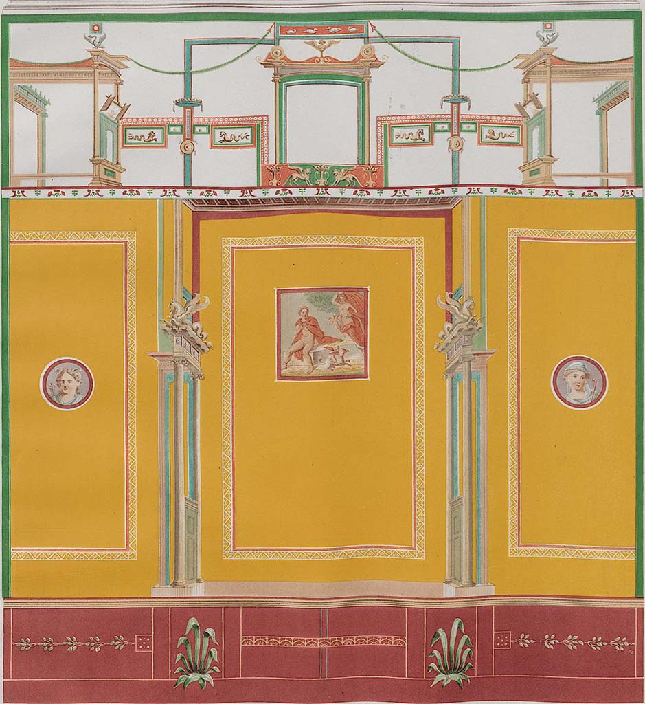 VII.1.25 Pompeii. Room 34. 1852. According to PPM, this Zahn illustration combines elements from different walls.
The central painting is of Selene and Endymion.
The medallion of the left is a bust of a virile male and the medallion on the right is a bust of Paris.
See Carratelli, G. P., 1990-2003. Pompei: Pitture e Mosaici: Vol. VI. Roma: Istituto della enciclopedia italiana, p. 350. 
See Zahn, W., 1852. Die schönsten Ornamente und merkwürdigsten Gemälde aus Pompeji, Herkulanum und Stabiae: III. Berlin: Reimer. Taf. 79.