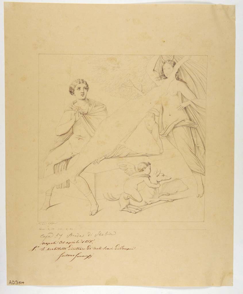 VII.1.25 Pompeii. Cubiculum 34. Drawing by Nicola La Volpe, 30th April 1855, of painting of Endymion and Selene. 
Now in Naples Archaeological Museum. Inventory number ADS 514.
Photo © ICCD. http://www.catalogo.beniculturali.it
Utilizzabili alle condizioni della licenza Attribuzione - Non commerciale - Condividi allo stesso modo 2.5 Italia (CC BY-NC-SA 2.5 IT)
See Helbig, W., 1868. Wandgemälde der vom Vesuv verschütteten Städte Campaniens. Leipzig: Breitkopf und Härtel, (957).