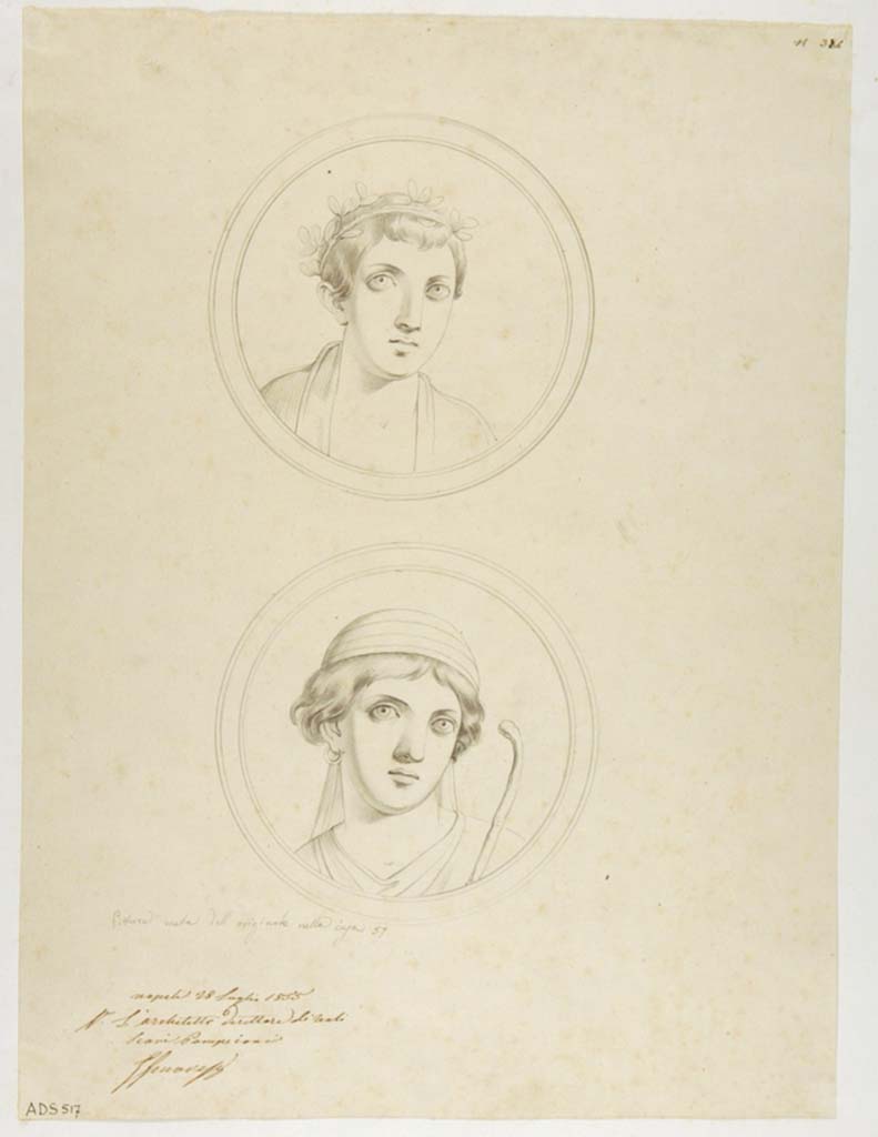 VII.1.25 Pompeii. Cubiculum 34. Drawing by Nicola La Volpe, 28th July 1855, medallions with heads.
Room 34, medallion with bust of Paris with Phrygian cap and shepherd’s crook, part of the decoration of cubiculum.
According to Disegnatori, no location is known for these medallions.
According to PPM, they are from the south wall of cubiculum 34.
See Carratelli, G. P., 1990-2003. Pompei: Pitture e Mosaici: Vol. VI. Roma: Istituto della enciclopedia italiana, p.350, no.224.
Now in Naples Archaeological Museum. Inventory number ADS 517.
Photo © ICCD. http://www.catalogo.beniculturali.it
Utilizzabili alle condizioni della licenza Attribuzione - Non commerciale - Condividi allo stesso modo 2.5 Italia (CC BY-NC-SA 2.5 IT)
See Helbig, W., 1868. Wandgemälde der vom Vesuv verschütteten Städte Campaniens. Leipzig: Breitkopf und Härtel, (1270).