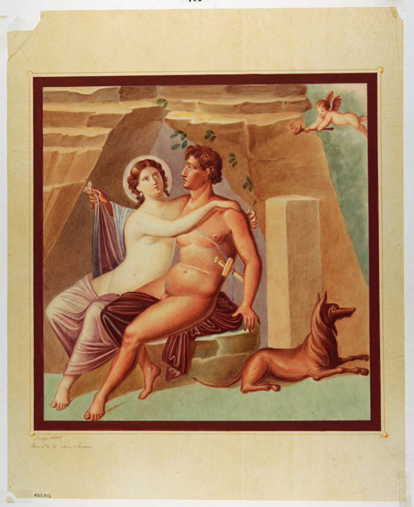 VII.1.25 Pompeii. Room 34, south wall. Copy painting by Giuseppe Abbate, of painting of Mars and Venus or Venus and Adonis.
See Carratelli, G. P., 1990-2003. Pompei: Pitture e Mosaici: Vol. VI. Roma: Istituto della enciclopedia italiana, p. 349. 
Now in Naples Archaeological Museum. Inventory number ADS 512.
Photo © ICCD. http://www.catalogo.beniculturali.it
Utilizzabili alle condizioni della licenza Attribuzione - Non commerciale - Condividi allo stesso modo 2.5 Italia (CC BY-NC-SA 2.5 IT)