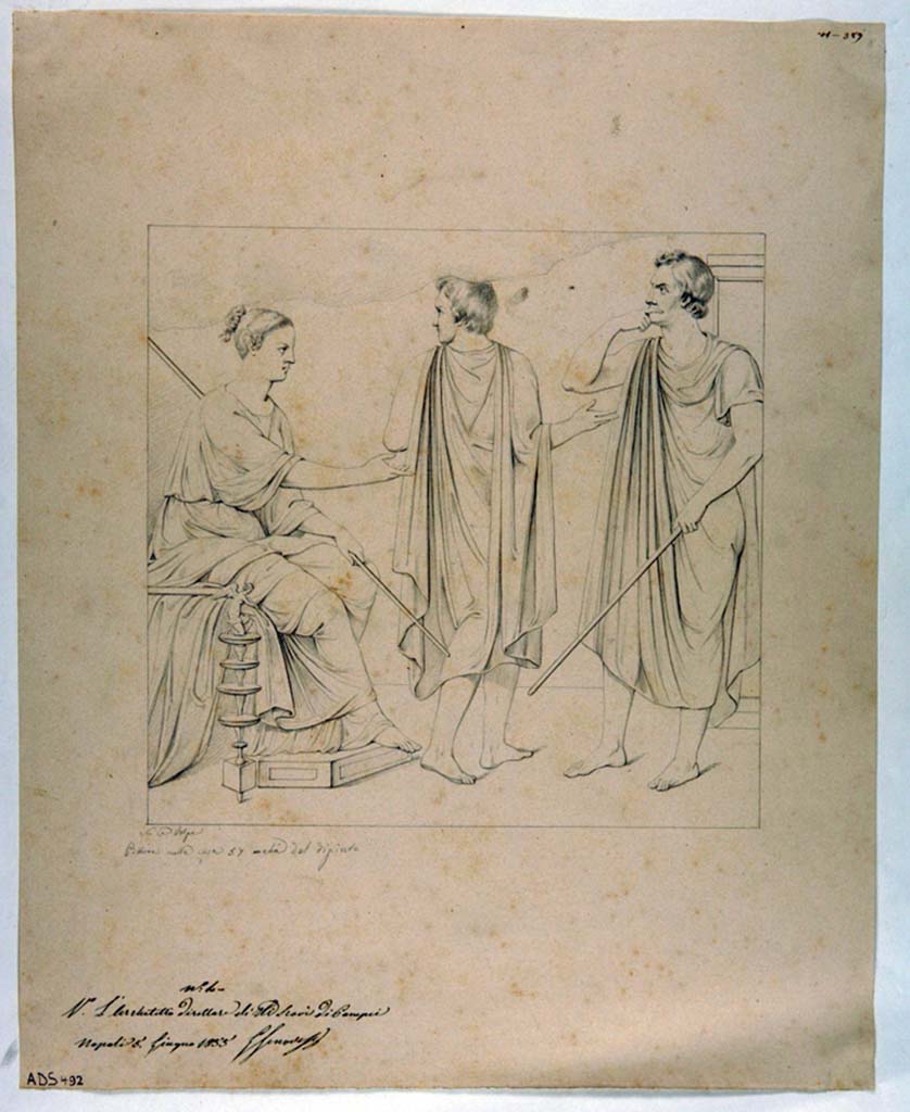 VII.1.25 Pompeii. Room 34, north wall. Drawing attributed to Nicola La Volpe, c.1855, Orestes and Pylades, in the presence of Iphigenia. 
Today the painting is lost.
Now in Naples Archaeological Museum. Inventory number ADS 492.
Photo © ICCD. http://www.catalogo.beniculturali.it
Utilizzabili alle condizioni della licenza Attribuzione - Non commerciale - Condividi allo stesso modo 2.5 Italia (CC BY-NC-SA 2.5 IT)
See Helbig, W., 1868. Wandgemälde der vom Vesuv verschütteten Städte Campaniens. Leipzig: Breitkopf und Härtel, (1387).