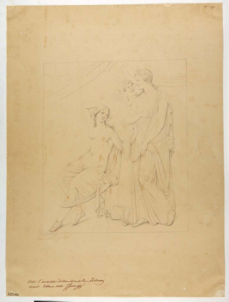 VII.1.25/47 Pompeii. Drawing by Nicola La Volpe, of a painting with couple.
This is no longer identifiable in situ, but according to Helbig was seen in this house. 
Now in Naples Archaeological Museum. Inventory number ADS 510.
Photo © ICCD. http://www.catalogo.beniculturali.it
Utilizzabili alle condizioni della licenza Attribuzione - Non commerciale - Condividi allo stesso modo 2.5 Italia (CC BY-NC-SA 2.5 IT)
See Helbig, W., 1868. Wandgemälde der vom Vesuv verschütteten Städte Campaniens. Leipzig: Breitkopf und Härtel, (1397).