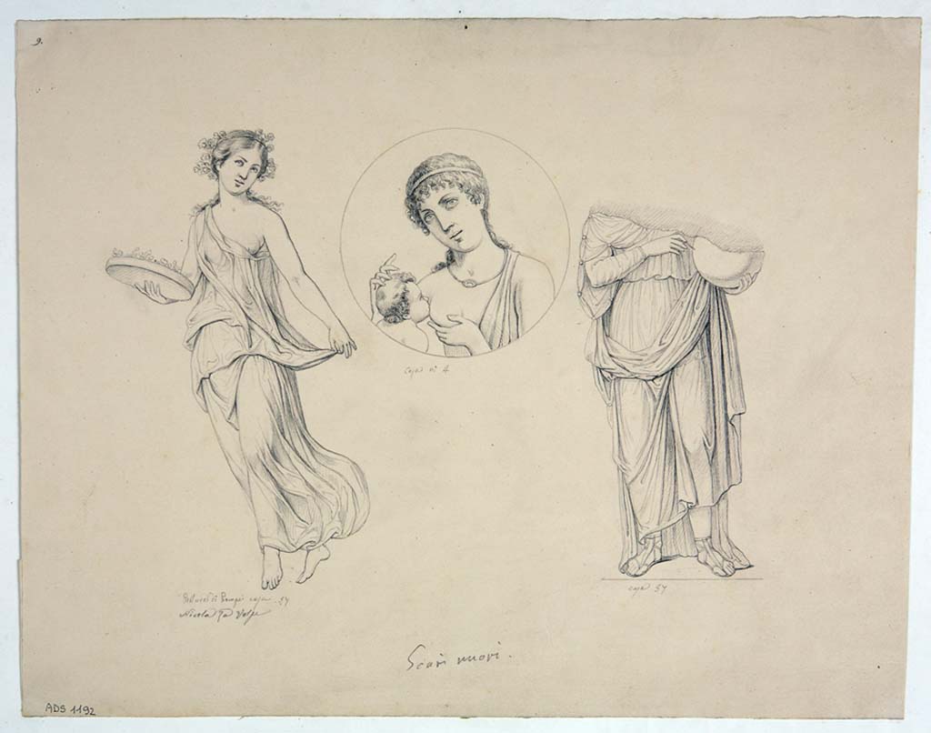 VII.1.25/47 Pompeii. Drawings by Nicola La Volpe. Drawing of two vignettes. 
The drawing on the left is of flying figure with offering plate, from an unknown room.
The drawing on the right is the Muse Urania, seen at the west end of the south wall of room 10, in VII.1.47. 
The central medallion is from VIII.4.4.
Now in Naples Archaeological Museum. Inventory number ADS 1192.
Photo © ICCD. http://www.catalogo.beniculturali.it
Utilizzabili alle condizioni della licenza Attribuzione - Non commerciale - Condividi allo stesso modo 2.5 Italia (CC BY-NC-SA 2.5 IT)
See Helbig, W., 1868. Wandgemälde der vom Vesuv verschütteten Städte Campaniens. Leipzig: Breitkopf und Härtel, (890).