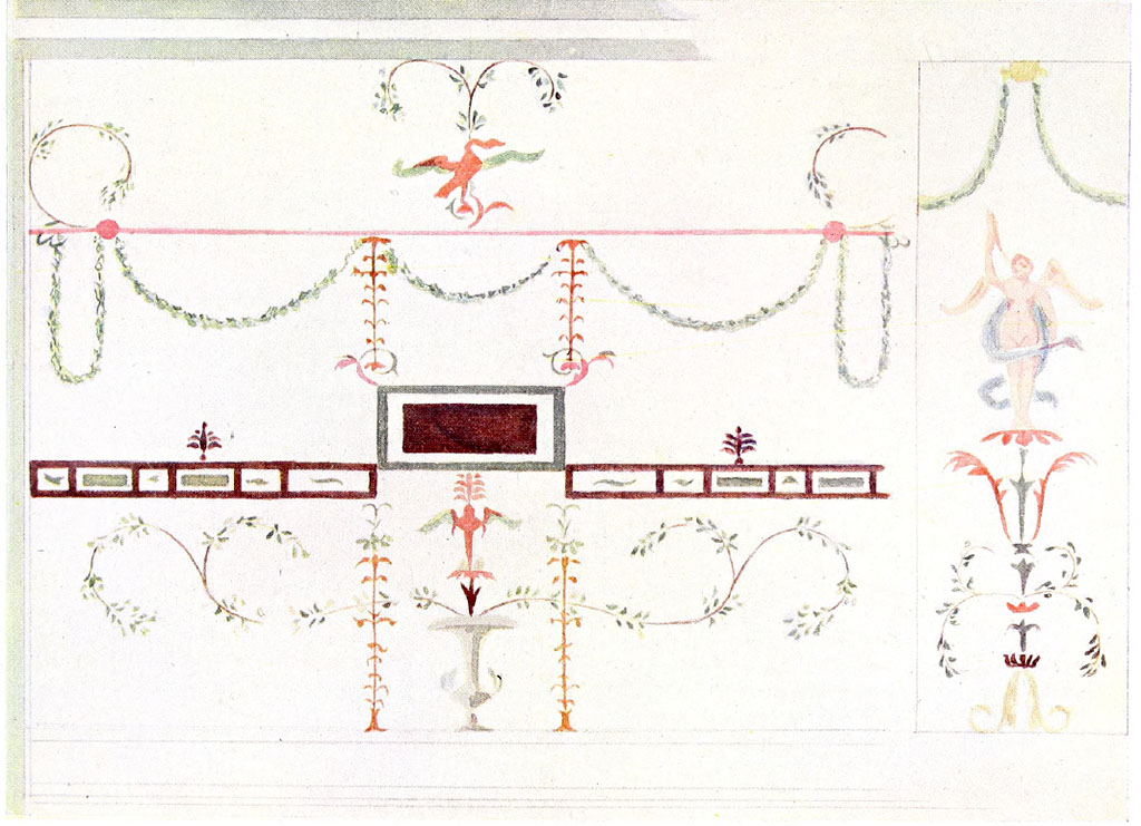 VII.1.25/47 Pompeii. Before 1911. Painting of part of a wall by the architect R. A. Briggs, found in the House of Siricus.
The height of the frieze is said to be one foot eight inches.
See Briggs R. A., 1911. Pompeian Decorations. London: Batsford, Plate: Two Friezes.