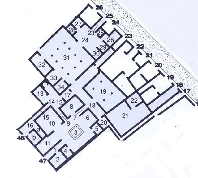 VII.1.25.46.47 plan VII.1.47 Pompeii. Domus Vedi Sirici or House of Siricus
or House of Vedius Siricus and Vedius Nummianus
VII.1.25 Pompeii. Casa dei Principi di Russia, second entrance to VII.1.47
VII.1.46 Third entrance linked to VII.1.25 and VII.1.47
Combined Plan