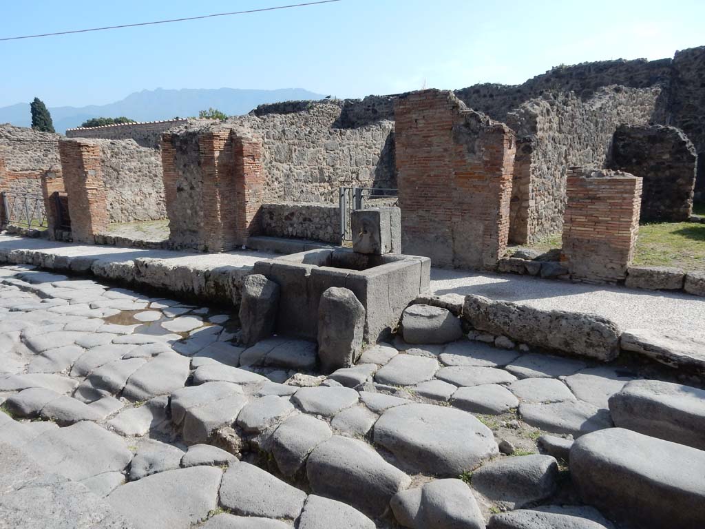 VII.1.32 Pompeii, June 2019. Looking west across Via Stabiana towards entrance behind fountain, with gate.
Photo courtesy of Buzz Ferebee.