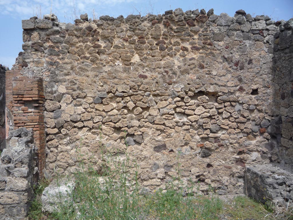 VII.1.36 Pompeii. October 2009. North wall of room on east side of atrium. Photo courtesy of Jared Benton.
According to Breton, this large room was possibly used as a workshop for storing the bread once it was taken from the oven.
There are several massive masonry supports which could serve as supports for a table, and in a corner on the ground lay a small mill.
On the walls were the remains of a well-drawn painting depicting Bacchus and four of his followers.
See Breton, Ernest. 1870. Pompeia, Guide de visite a Pompei, 3rd ed. Paris, Guerin. 
According to Boyce (VII.1.36/37), Here*, was found a lararium painting (h.1.16, w.2.58): 
in the centre stood an altar and to the right of it was Vesta, wearing a white tunic and a white veil which fell down the back of her head.
In her left hand she held a sceptre and with the right she poured a libation upon the altar, at her side stood an ass.
On the left of the altar was Bacchus, wearing an ivy wreath and red chlamys; in his right hand he held a bunch of grapes, and his left held a thyrsus over his shoulder.
On each side of this central group stood a Lar wearing green tunic and red pallium and holding rhyton and patera.
In the lower zone were two serpents confronted at an altar.
See Boyce G. K., 1937. Corpus of the Lararia of Pompeii. Rome: MAAR 14. (p.60, no.240A).
Boyce added a note : “This is the location of this painting given by Helbig (66b), and the reports of the Ann. Inst. and Bull. Inst: 
but Fiorelli in Scavi placed it at VII.12.11, where there is a quite different shrine, and in Descrizione he did not mention the painting at all.”
