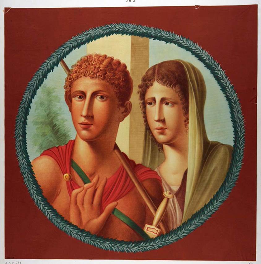 VII.1.40 Pompeii. Painting by Nicola La Volpe of a medallion with a couple, perhaps Mars and Venus, perhaps Hippolytus and Phaedra.
This medallion was seen between two doorways on the west wall in the north-west corner of the atrium.
Now in Naples Archaeological Museum. Inventory number ADS 528.
Photo © ICCD. http://www.catalogo.beniculturali.it
Utilizzabili alle condizioni della licenza Attribuzione - Non commerciale - Condividi allo stesso modo 2.5 Italia (CC BY-NC-SA 2.5 IT)