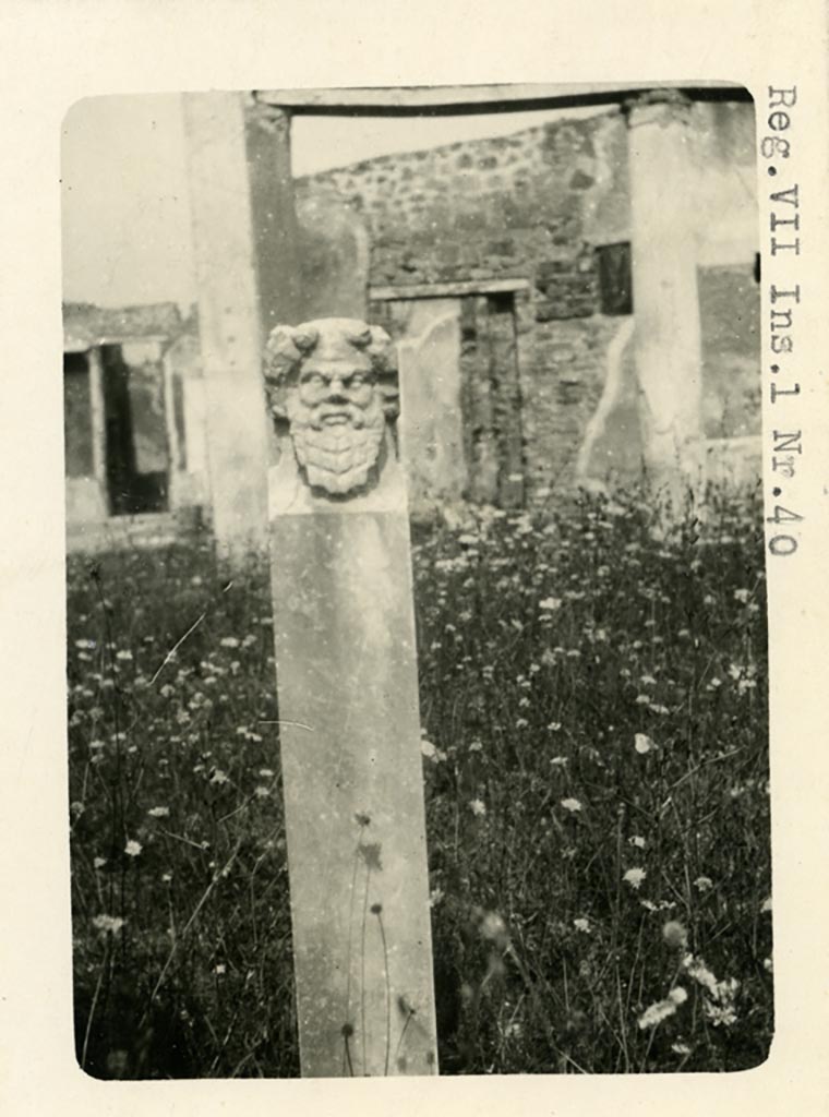 VII.1.40 Pompeii. Pre-1937-39. Looking north across peristyle towards herm of a bearded head.
Photo courtesy of American Academy in Rome, Photographic Archive. Warsher collection no. 471.