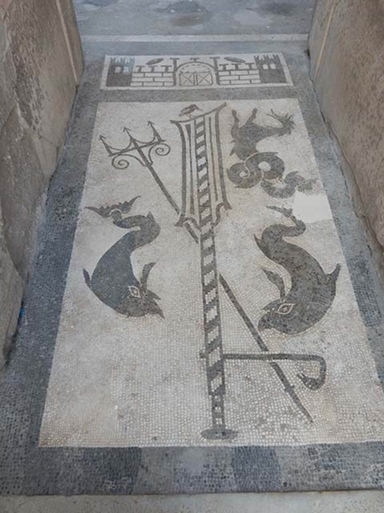 VII.1.40 Pompeii. May 2017. Black and white mosaic in entrance vestibule/corridor.
Photo courtesy of Buzz Ferebee.