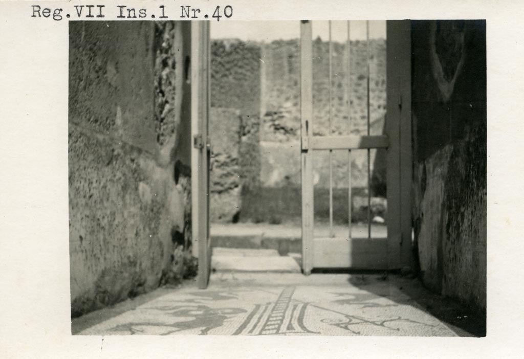 VII.1.40 Pompeii. Pre-1937-39. Looking north along entrance corridor mosaic towards entrance doorway.
Photo courtesy of American Academy in Rome, Photographic Archive. Warsher collection no. 301.