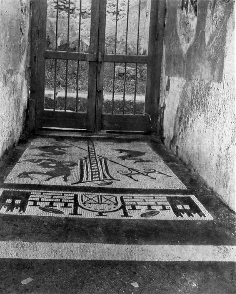 VII.1.40 Pompeii. c.1930. Looking north along entrance corridor mosaic towards doorway.
See Blake, M., (1930). The pavements of the Roman Buildings of the Republic and Early Empire. Rome, MAAR, 8, (p, 76, 85,106, & 121, & Pl.26, tav 2).