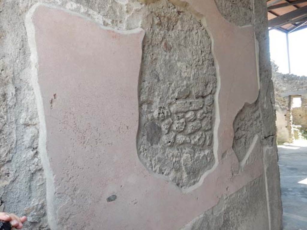 VII.1.40 Pompeii. May 2017. East wall of vestibule/entrance corridor. The painted decoration has completely faded other than the red background to the middle zone and a black zoccolo/dado on the lower area. Photo courtesy of Buzz Ferebee.