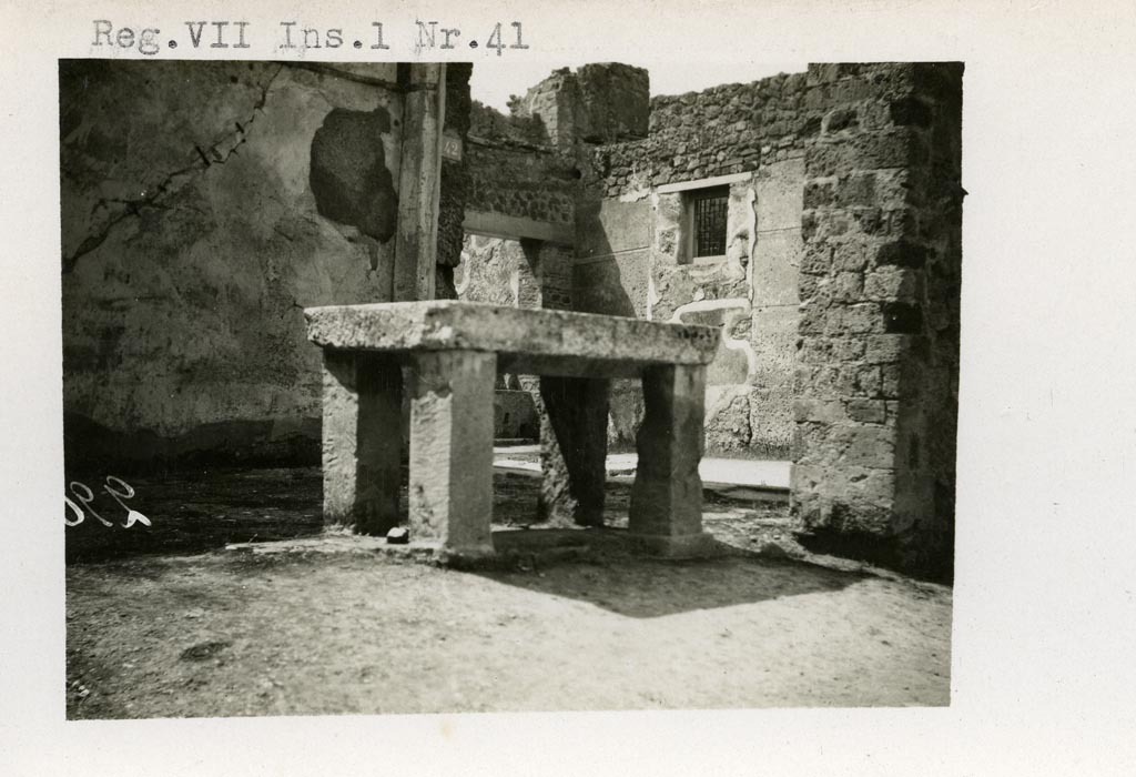 VII.1.41 Pompeii. Pre-1937-39. 
Looking south-west towards entrance at VII.1.42 and out through doorway into Vicolo del Lupanare.
Photo courtesy of American Academy in Rome, Photographic Archive. Warsher collection no. 290.