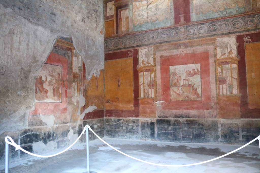 VII.1.47, Pompeii. December 2018.
 Exedra 10, looking towards west wall, north-west corner and north wall. Photo courtesy of Aude Durand.
