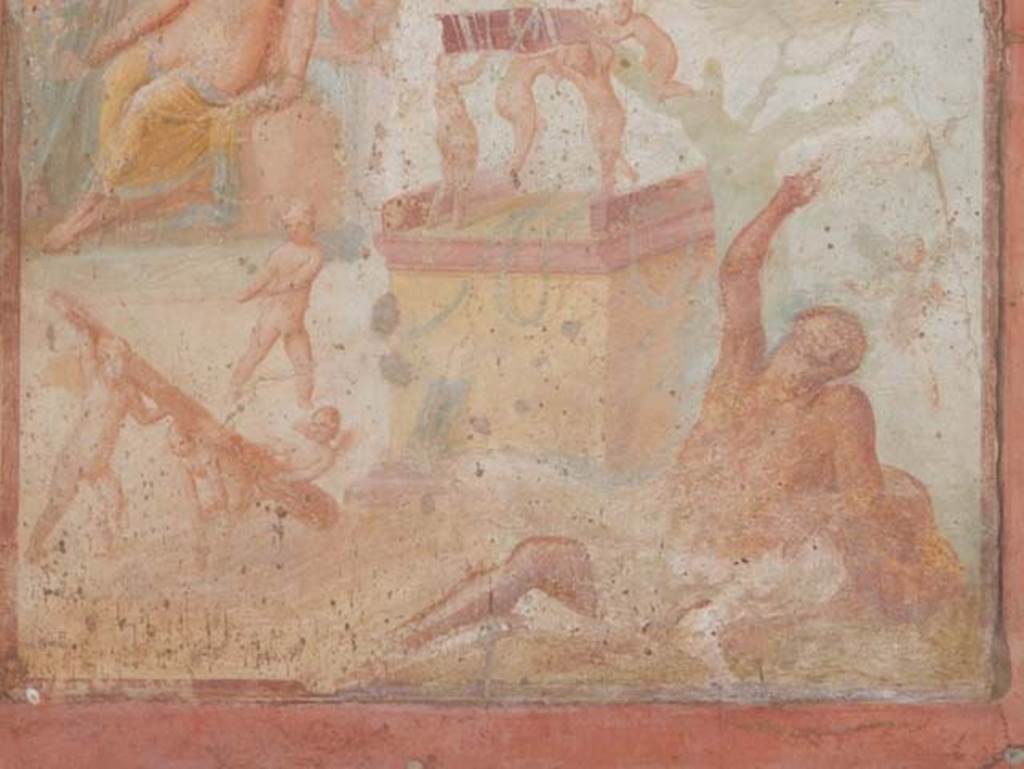 VII.1.47 Pompeii. May 2017. Exedra 10, detail of lower central painting on north wall. 
Hercules, inebriated, is lying on the ground at the foot of a cypress tree.  
On the altar, three Cupids bear the hero's quiver on their shoulders.  
Four other Cupids are on the ground playing with his club. 
Photo courtesy of Buzz Ferebee.