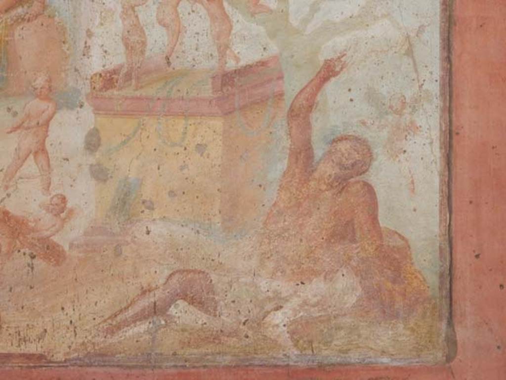 VII.1.47 Pompeii. May 2017. Exedra 10, detail of drunken Hercules from central painting on north wall. 
Photo courtesy of Buzz Ferebee.