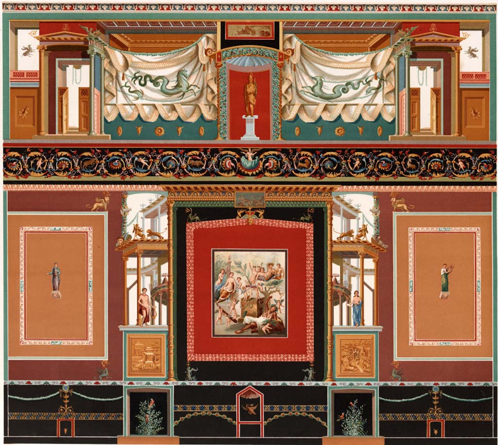 VII.1.47 Pompeii. 1886 copy of paintings on north wall of exedra 10.
See D’Amelio, P, 1886. Dipinti murali scelte di Pompei. Naples: Richter, Tav. XV.
See Carratelli, G. P., 1990-2003. Pompei: Pitture e Mosaici: Vol. VI.  Roma: Istituto della enciclopedia italiana, p. 255.