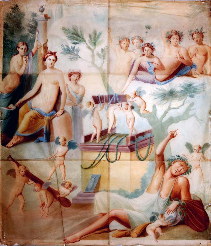 VII.1.47 Pompeii. Room 10, central painting on north wall. Copy painting by Antonio Ala, showing Hercules and Omphale, still in situ.
Now in Naples Archaeological Museum. Inventory number ADS 499.
Photo © ICCD. http://www.catalogo.beniculturali.it
Utilizzabili alle condizioni della licenza Attribuzione - Non commerciale - Condividi allo stesso modo 2.5 Italia (CC BY-NC-SA 2.5 IT)
See Helbig, W., 1868. Wandgemälde der vom Vesuv verschütteten Städte Campaniens. Leipzig: Breitkopf und Härtel, (1139)