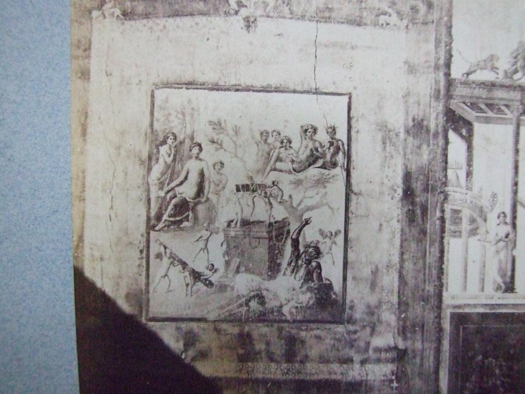 VII.1.47 Pompeii. Photo c. 1860s? Exedra in north-west corner of atrium.  
Detail of wall painting of the Drunken Hercules.  
Hercules, inebriated, is lying on the ground at the foot of a cypress tree.  
On the altar, three Cupids, bear on their shoulders the hero's quiver.  
Four other Cupids are on the ground playing with his club. 
On the left a group of three females round a column with a vase on top.  
The central figure, Omphale(?), seems to look with interest on the drunken hero. 
On the right, half way up a mountain, sits Bacchus, surrounded by his attendants.  
See Pompeii Its History Buildings and Antiquities by Thomas Dyer, pages 463 to 465.
Old undated photograph. Courtesy of Society of Antiquaries, Fox Collection.