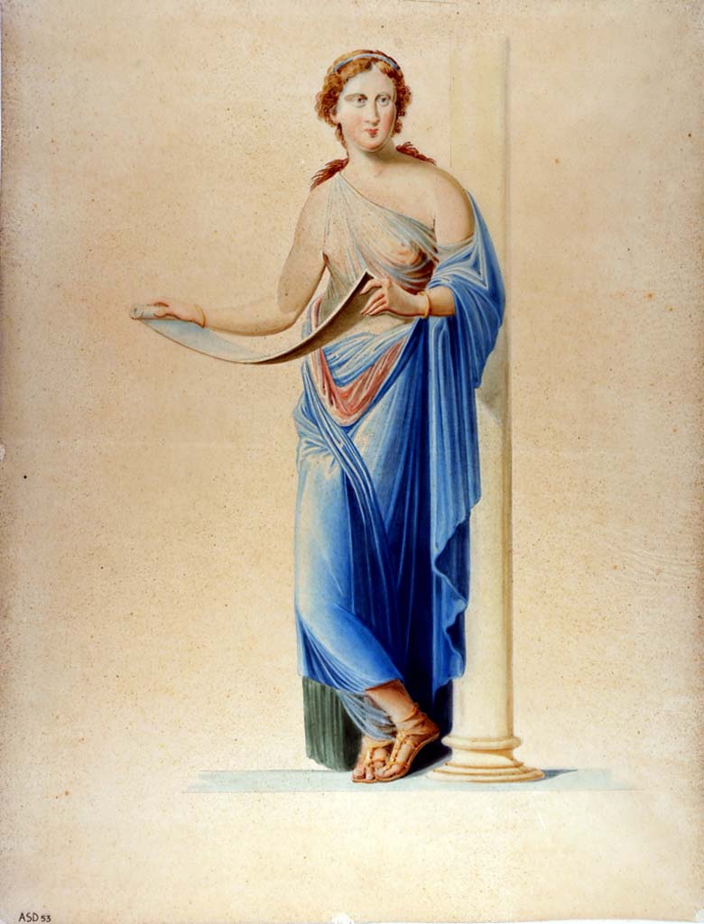 VII.1.47 Pompeii. Exedra 10, east side of central painting on north wall. Painting by Giuseppe Abbate, of detail of figure of a Muse (Clio or Calliope?).
Now in Naples Archaeological Museum. Inventory number ADS 53.
Photo © ICCD. http://www.catalogo.beniculturali.it
Utilizzabili alle condizioni della licenza Attribuzione - Non commerciale - Condividi allo stesso modo 2.5 Italia (CC BY-NC-SA 2.5 IT)
